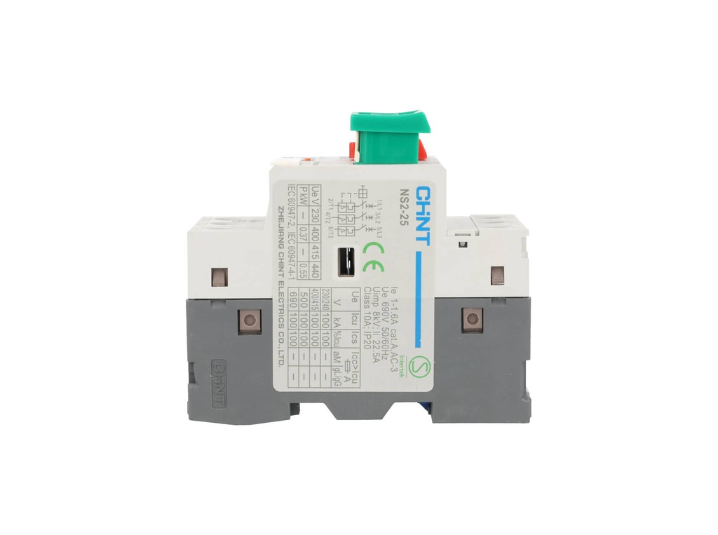NS2-25-1-1.6A — GUARDAMOTOR PULSADOR DE 1-1.6A, 230/240, 400/415, 440, 500, 690V DE OPERACION. 100KA 230/240V DE RUPTURA GRADO III.