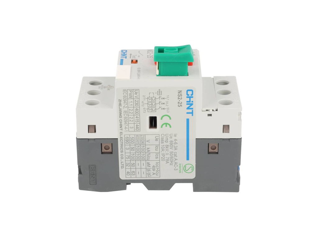 NS2-25-4-6.3A — GUARDAMOTOR PULSADOR DE 4-6.3A, 230/240, 400/415, 440, 500, 690V DE OPERACION, 100KA 230/240V DE RUPTURA GRADO III.