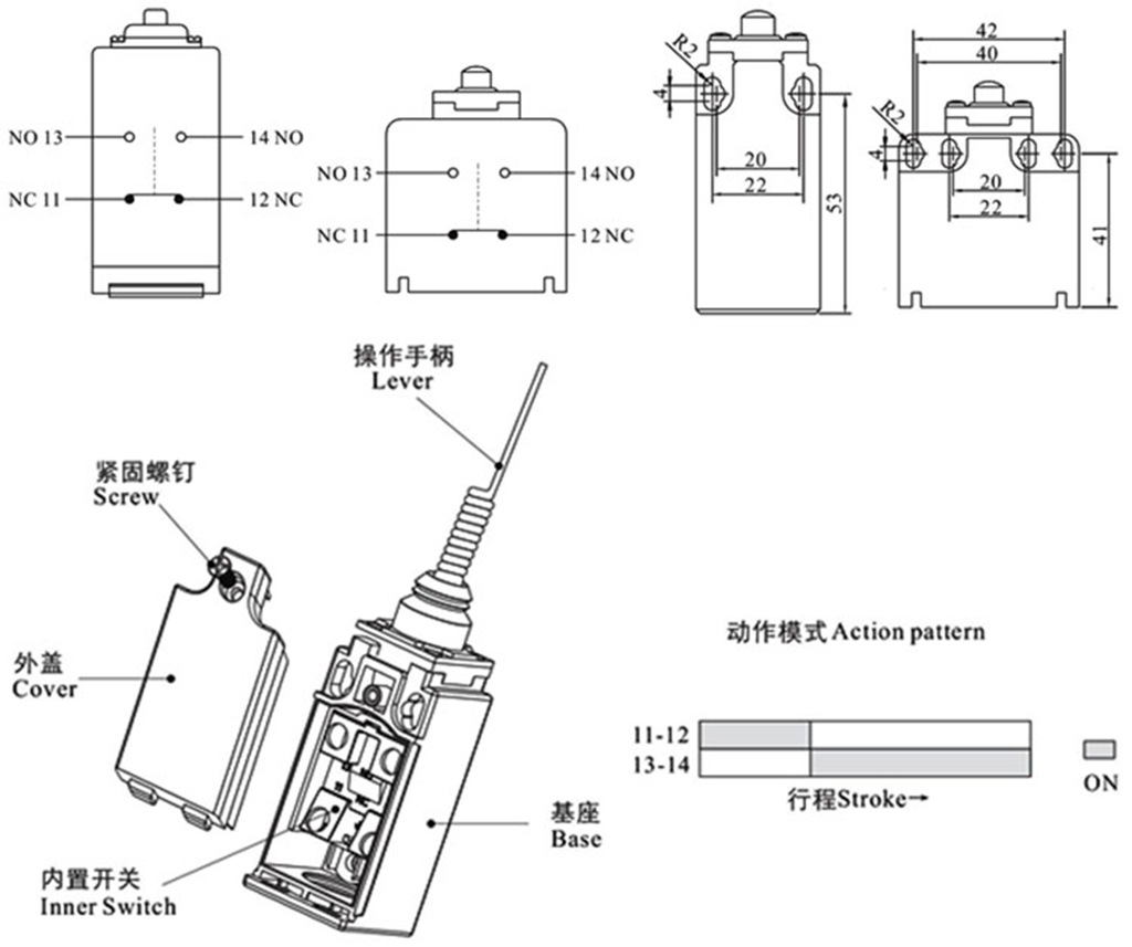 XZ-9108 — MICROSWITCH PALANCA METALICA AJUSTABLE Y, ROLDANA METALICA 1NA+1NC 10A