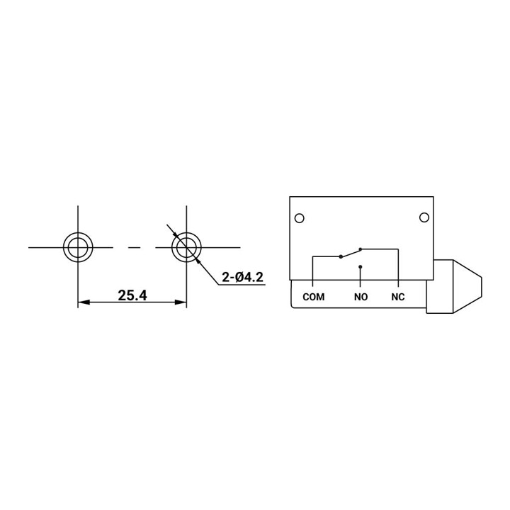 XZ7-312 — MICROSWITCH MINIATURA ROLDANA METALICA, TRANSVERSAL 1NA+1NC, 10A 250V
