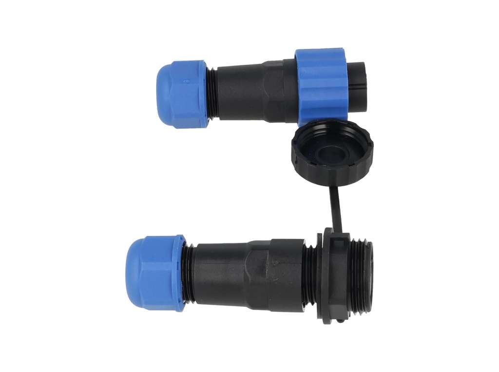 TP-SP16-S2P — CONECTORES EXTENSION/RECTO (PAR) 2 PINIMPERMEABLES IP68, 5A/250VCA DIAMETRO DE BARRENO 16mm, PIN COBRE CHAPEADO EN DORADO/PLATEADO