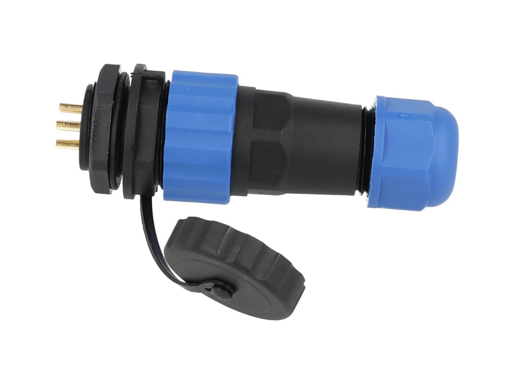 TP-SP20-SP7P — CONECTORES PANEL/RECTO (PAR) 7PIN, IMPERMEABLES IP68, 10A/250VCA, DIAMETRO DE BARRENO 20mm, PIN COBRE CHAPEADO EN DORADO/PLATEADO