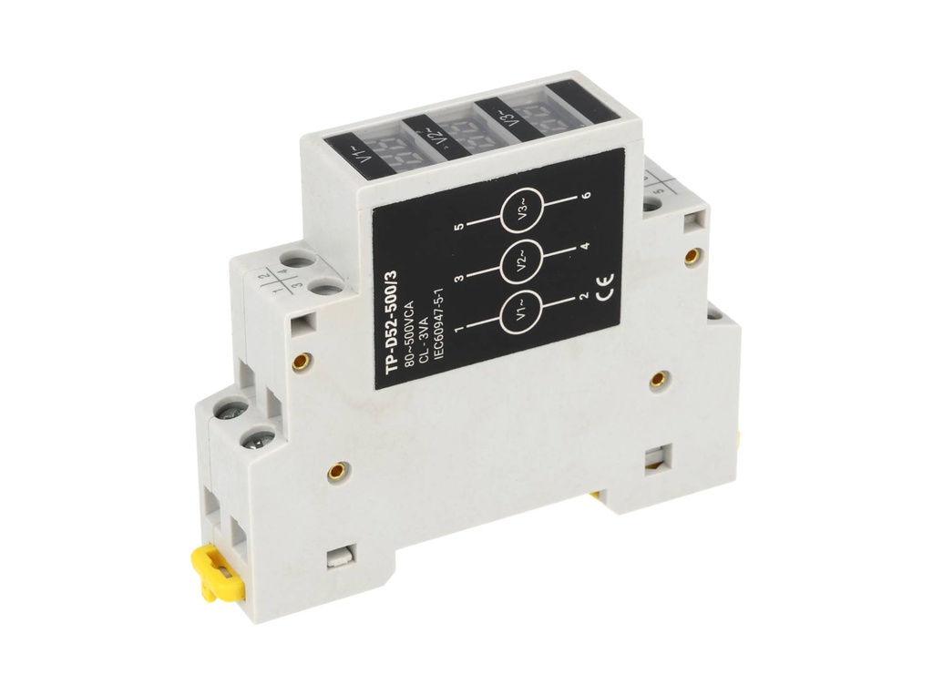 TP-D52-500/3V – VOLTIMETRO DIGITAL TRIFÁSICO 80-500VCA, MONTAJE EN RIEL DIN 18X81X66MM
