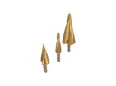 TP-SB3-432 — BROCAS CONICAS EN ESPIRAL JUEGO DE 3 PIEZAS 4-12, 4-20, 4-32mm, PARA MADERA, PLASTICO Y METAL A BAJA Y MEDIA VELOCIDAD Y OTROS MATERIALES.