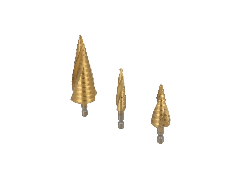 TP-SB3-432 — BROCAS CONICAS EN ESPIRAL JUEGO DE 3 PIEZAS 4-12, 4-20, 4-32mm, PARA MADERA, PLASTICO Y METAL A BAJA Y MEDIA VELOCIDAD Y OTROS MATERIALES.