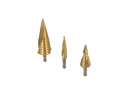 TP-SB3-432 — BROCAS CONICAS EN ESPIRAL JUEGO DE 3 PIEZAS 4-12, 4-20, 4-32mm, PARA MADERA, PLASTICO Y METAL A BAJA Y MEDIA VELOCIDAD Y OTROS MATERIALES.