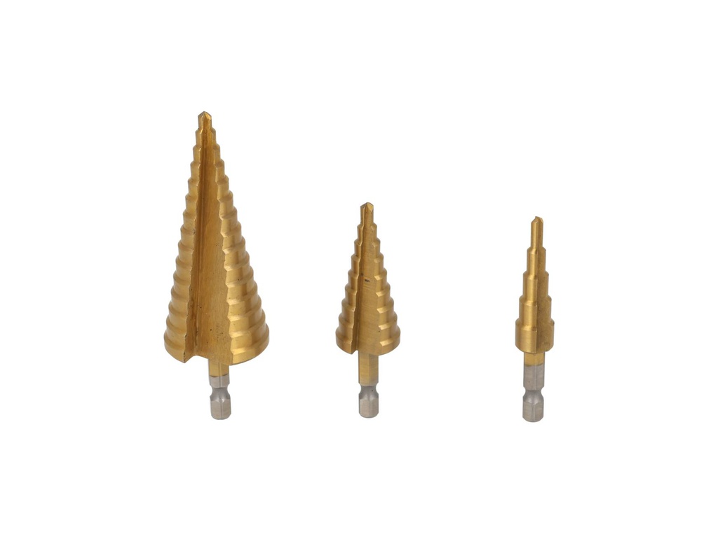 TP-CB3-432 — BROCAS CONICAS JUEGO DE 3 PIZAS. 4-12, 4-20, 4-32mm, PARA MADERA, PLASTICO Y METAL A BAJA Y MEDIA VELOCIAD Y OTROS MATERIALES