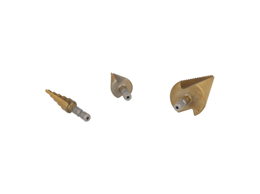 TP-CB3-432 — BROCAS CONICAS JUEGO DE 3 PIZAS. 4-12, 4-20, 4-32mm, PARA MADERA, PLASTICO Y METAL A BAJA Y MEDIA VELOCIAD Y OTROS MATERIALES