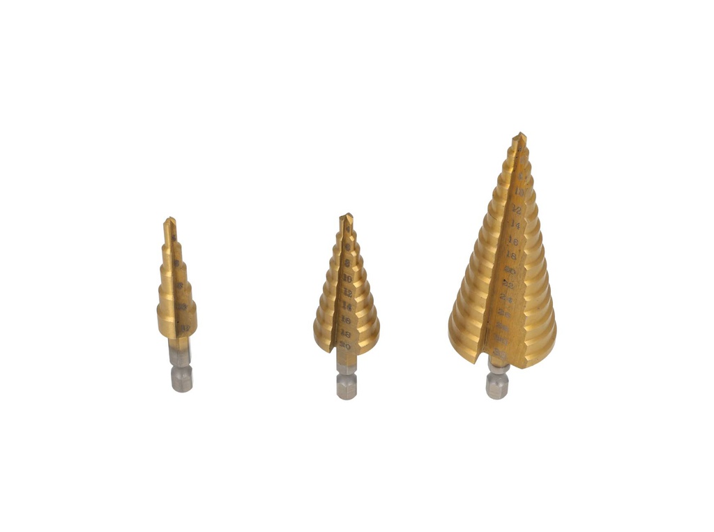 TP-CB3-432 — BROCAS CONICAS JUEGO DE 3 PIZAS. 4-12, 4-20, 4-32mm, PARA MADERA, PLASTICO Y METAL A BAJA Y MEDIA VELOCIAD Y OTROS MATERIALES