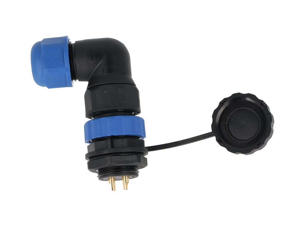 TP-SP20-AP2P — CONECTORES PANEL/ANGULO (PAR) 2PIN, IMPERMEABLES, IP68, 25A/250VCA, DIAMETRO DE BARRENO 20mm, PIN COBRE CHAPEADO EN DORADO/PLATEADO