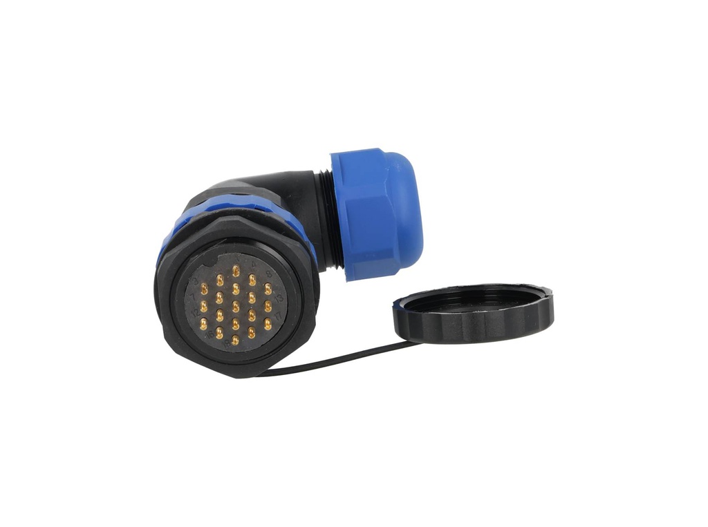 TP-SP28-AP19P — CONECTORES PANEL/ANGULO (PAR) 19PIN, IMPPERMEABLES, IP68, 5A/250VCA, DIAMETRO DE BARRENO 28mm, PIN COBRE CHAPEADO EN DORADO/PLATEADO