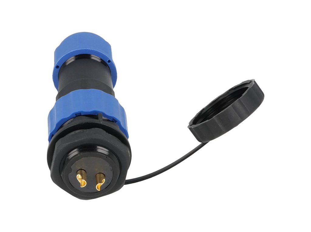 TP-SP20-SP2P — CONECTORES PANEL/RECTO (PAR) 2PIN IMPERMEABLE, IP68, 25A/250VCA, DIAMETRO DE BARRENO 20mm, PIN COBRE CHAPEADO EN DORADO/PLATEADO