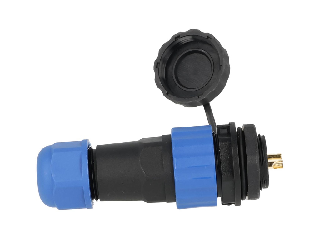 TP-SP20-SP2P — CONECTORES PANEL/RECTO (PAR) 2PIN IMPERMEABLE, IP68, 25A/250VCA, DIAMETRO DE BARRENO 20mm, PIN COBRE CHAPEADO EN DORADO/PLATEADO