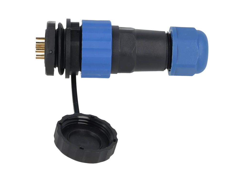 TP-SP20-SP12P — CONECTORES PANEL/RECTO (PAR) 12PIN, IMPERMEABLES, IP68, 5A/250VCA, DIAMETRO DE BARRENO 20mm, PIN COBRE CHAPEADO EN DORADO/PLATEADO