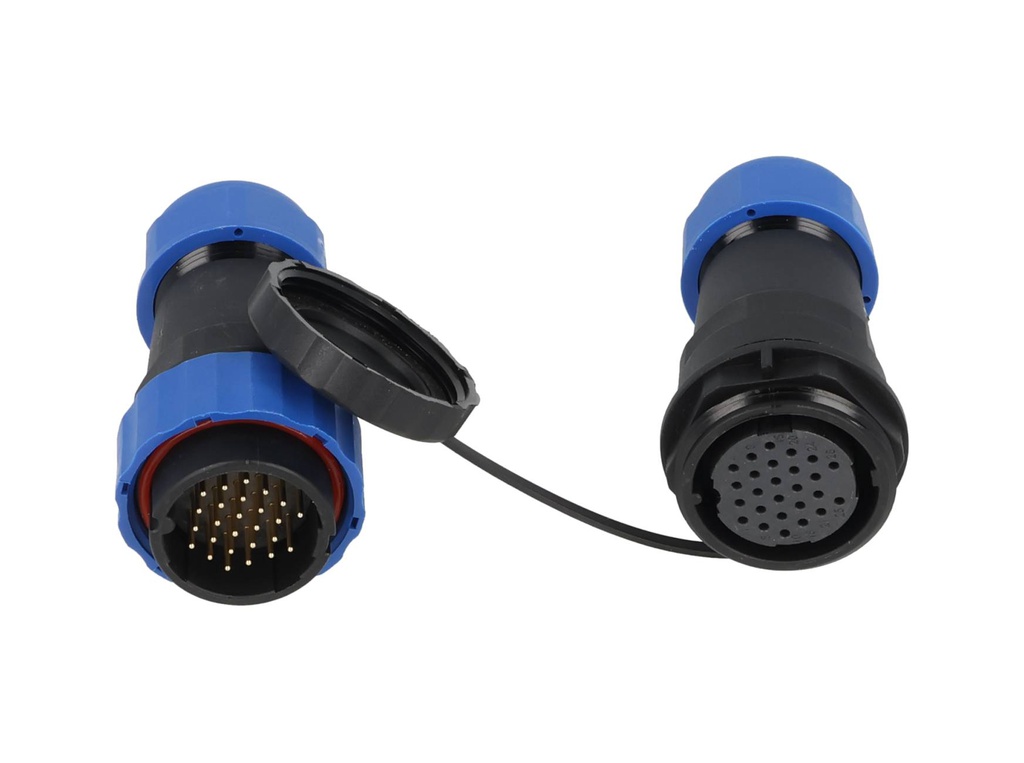 TP-SP28-S26P — CONECTORES EXTENSION/RECTO (PAR) 26PIN, IMPERMEABLES IP68, 5A/250VCA, DIAMETRO DE BARRENO 28mm PIN COBRE CHAPEADO EN DORADO/PLATEADO