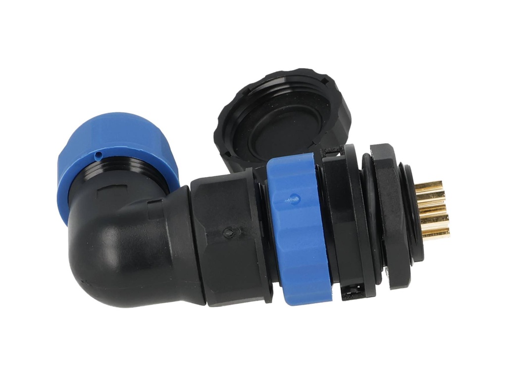 TP-SP20-AP7P — CONECTORES PANEL/ANGULO (PAR) 7PIN, IMPERMEABLES, IP68, 10A/250VCA, DIAMETRO DE BARRENO 20mm, PIN COBRE CHAPEADO EN DORADO/PLATEADO