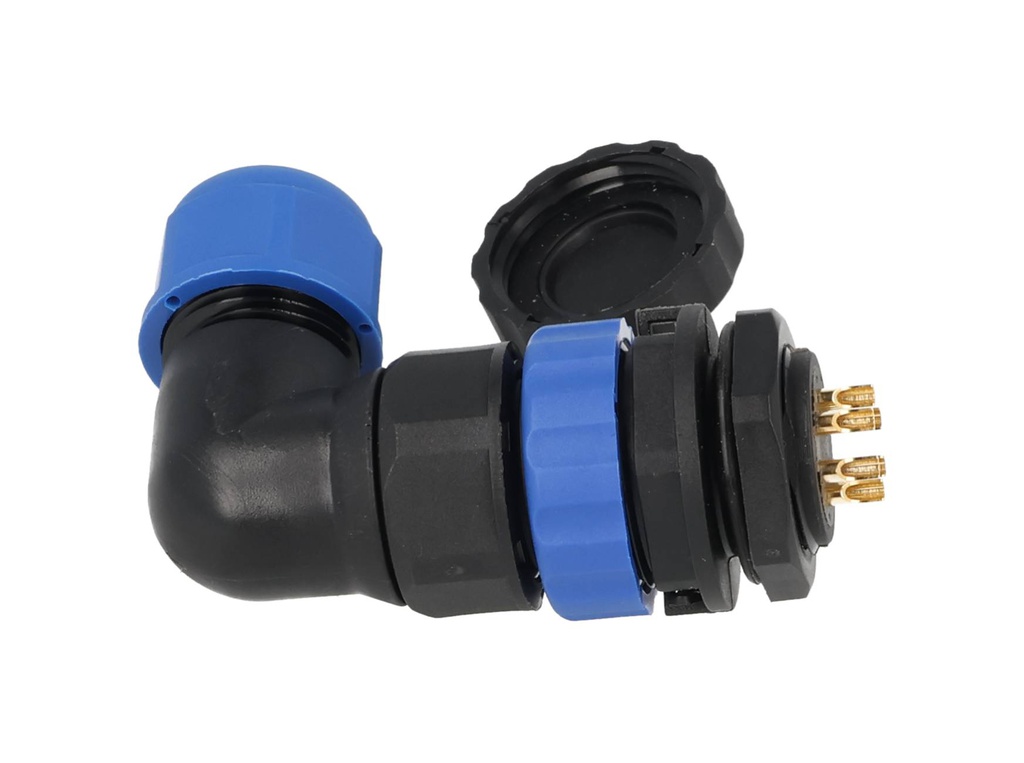 TP-SP20-AP6P — CONECTORES PANEL/ANGULO (PAR) 6PIN, IMPERMEABLES, IP68, 10A/250VCA, DIAMETRO DE BARRENO 20mm, PIN COBRE CHAPEADO EN DORADO/PLATEADO