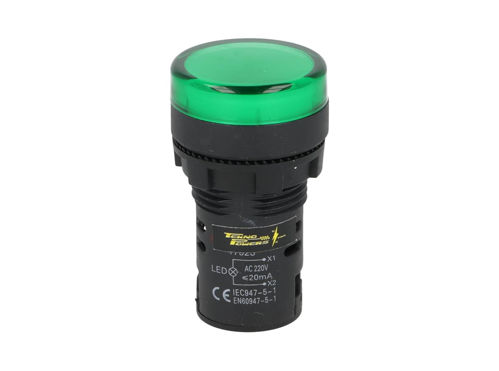TP-LI22-G — LAMPARA PILOTO LED VERDE 22mm 220VCA PLASTICO *NO SON A PRUEBA DE EXPLOSION*