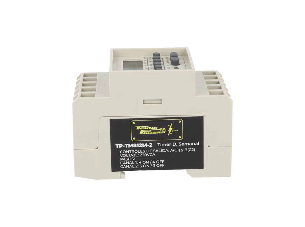 TP-TM812M-2 — TIMER D SEMANAL, 220VCA, 2 CANALES, 4/ON-OFF, 3/ON-OFF, 15AMP.BAT.RESP.38H, DIN RIEL