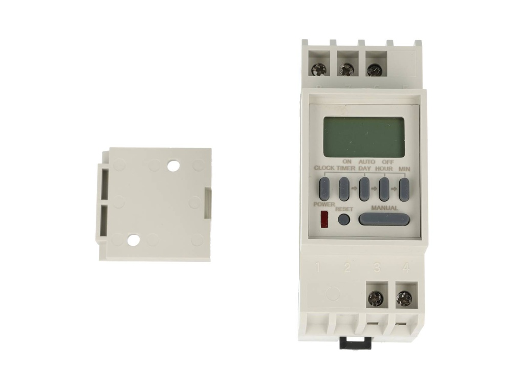 TP-TM848-1 — TIMER D SEMANAL, 120VCA, 8/ON-8/OFF 1CON 16AMP./AC1, 3AMP./AC2, BAT.RESP.36H, DIN RIEL