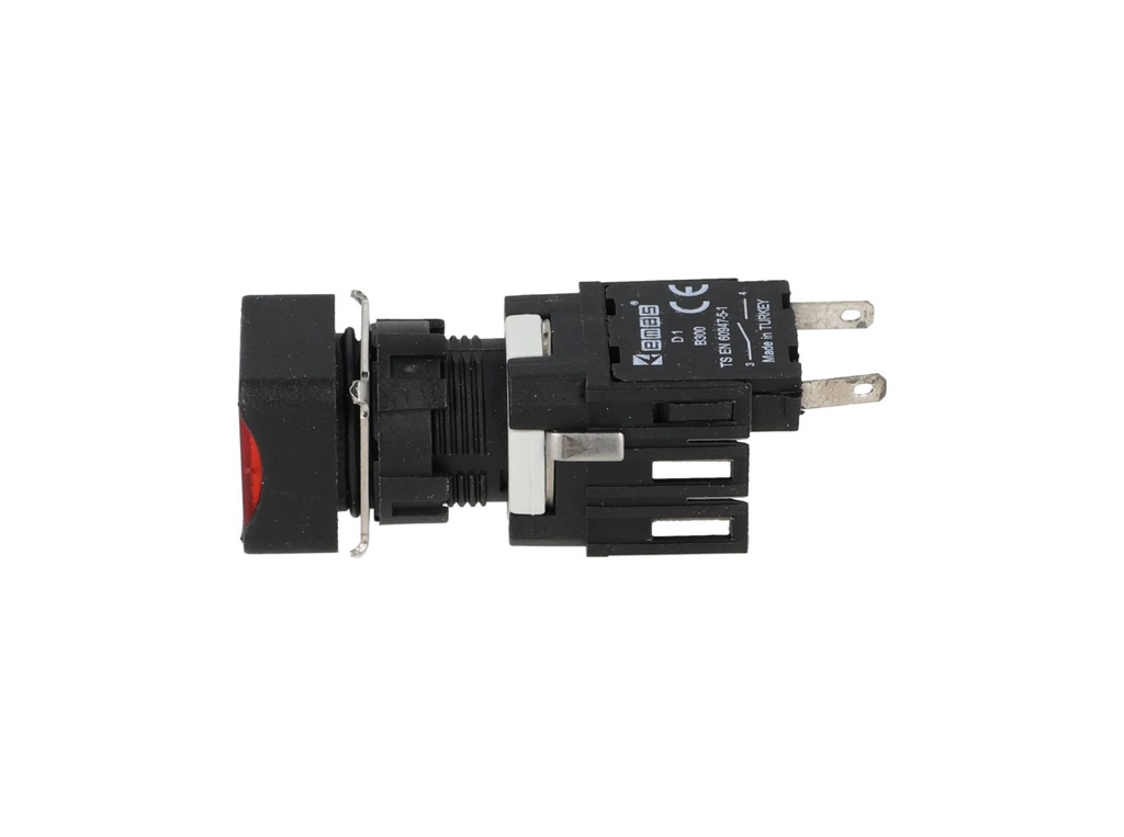 D100KDK — BOTON PULSADOR 16mm, NO ILUMINADO ROJO, RASANTE MOMENTANEO CUADRADO, INCLUYE 1CON NA (MAXIMO 2 CONTACTOS) 