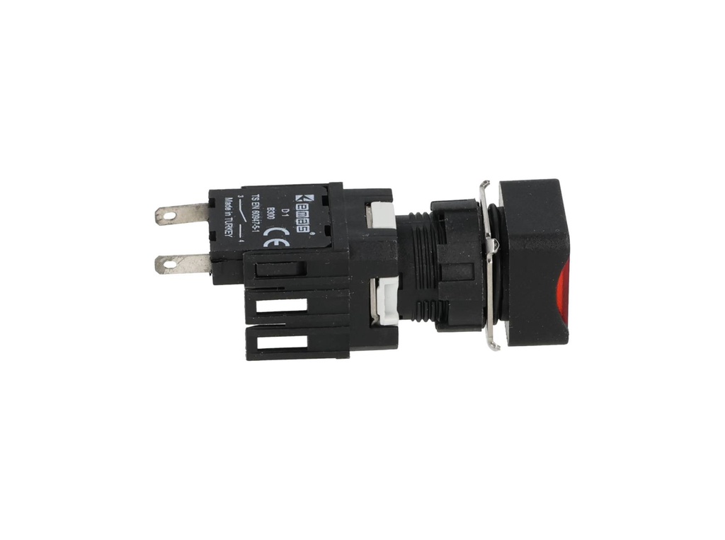 D100KDK — BOTON PULSADOR 16mm, NO ILUMINADO ROJO, RASANTE MOMENTANEO CUADRADO, INCLUYE 1CON NA (MAXIMO 2 CONTACTOS) 