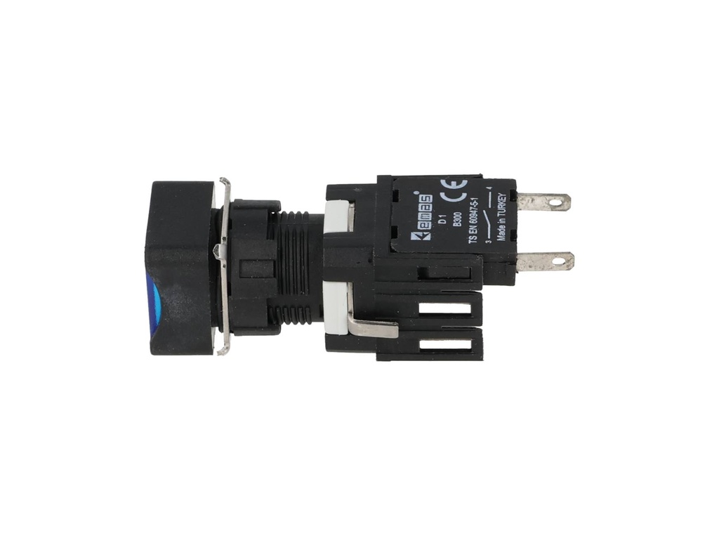 D100KDM — BOTON PULSADOR 16mm, NO ILUMINADO AZUL, RASANTE MOMENTANEO CUADRADO INCLUYE 1CON NA (MAXIMO 2 CONTACTOS) 