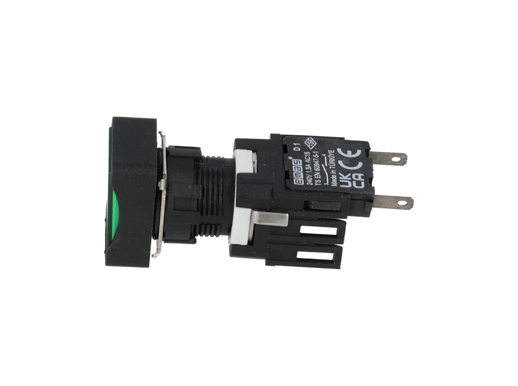 D100DDY — BOTON PULSADOR 16mm, NO ILUMINADO VERDE, RASANTE MOMENTANEO RECTANGULAR, INCLUYE 1CON NA (MAXIMO 2 CONTACTOS) 