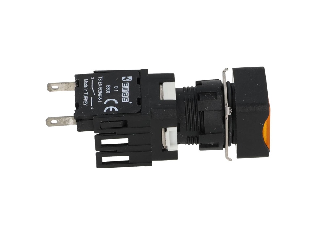 D100KDS — BOTON PULSADOR 16mm, NO ILUMINADO AMARILLO, RASANTE MOMENTANEO CUADRADO, INCLUYE 1 CON NA (MAXIMO 2 CONTACTOS) 