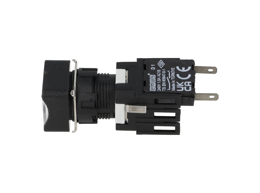 D100KDB — BOTON PULSADOR 16mm, NO ILUMINADO BLANCORASANTE MOMENTANEO CUADRADO, INCLUYE 1CON NA (MAXIMO 2 CONTACTOS) 