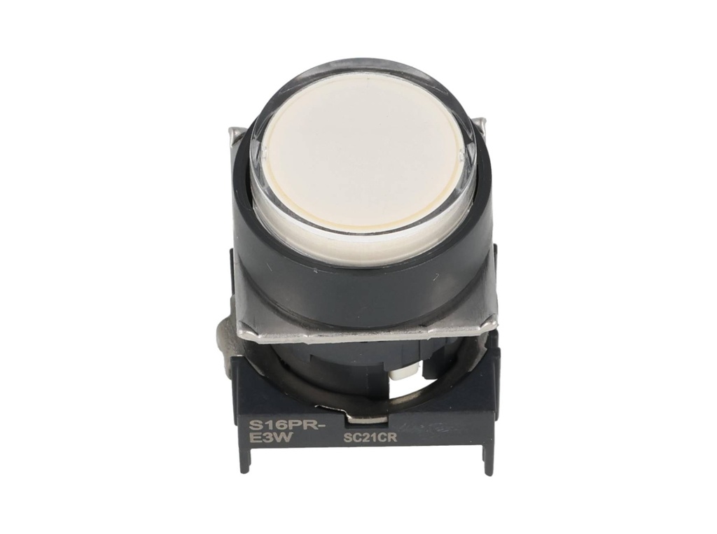 S16PR-E3W — BOTON PULSADOR BLANCO 16mm, MOMENTANEO ILUMINADO, REDONDO SALIENTE
