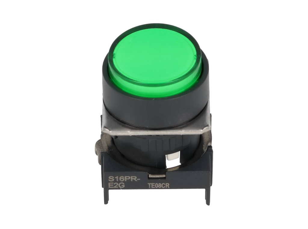 S16PR-E2G — BOTON PULSADOR VERDE 16mm, MANTENIDO, NO ILUMINADO, REDONDO SALIENTE 