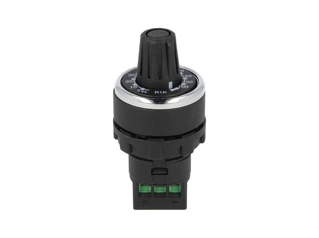 BPR01K — POTENCIOMETRO 22mm 1K OHMS 1.5WATTS CON PERILLA GRADUADA, TOLERANCIA 10%, RESISTENCIA DE AISLAMIENTO MIN 10M OHMS (500VCD) 38.70MA