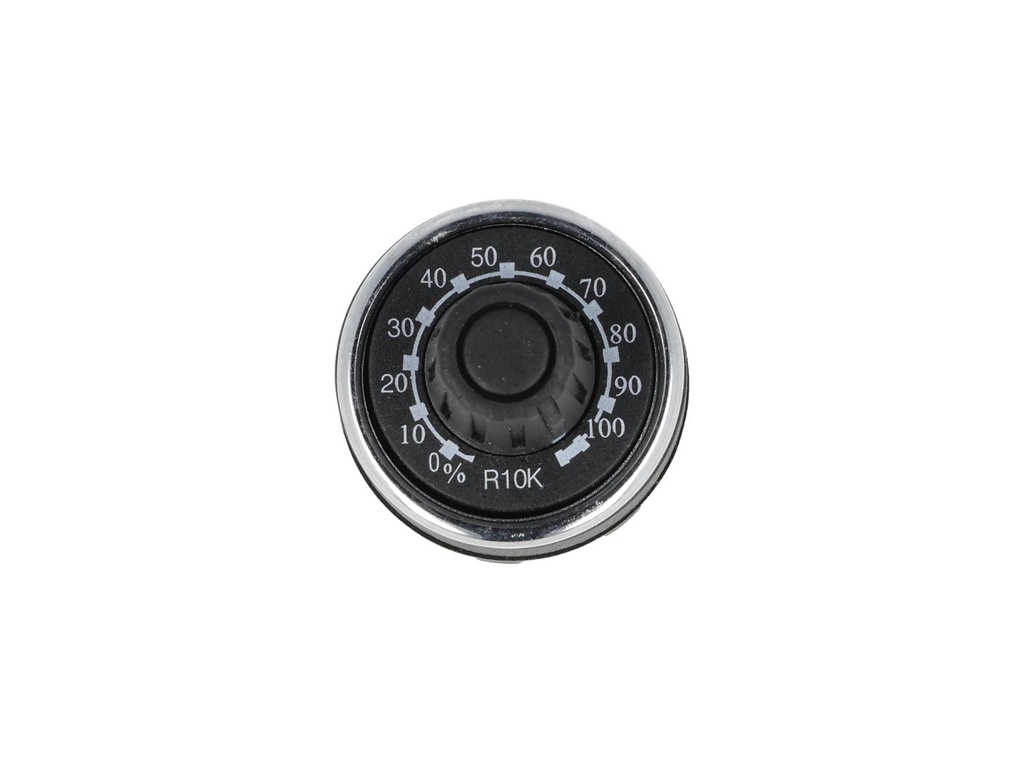 BPR10K — POTENCIOMETRO 22mm 10K OHMS 1.5WATTS CON PERILLA GRADUADA, TOLERANCIA 10%, RESISTENCIA DE AISLAMIENTO MIN 10M OHMS (500 VCD) 12.20MA
