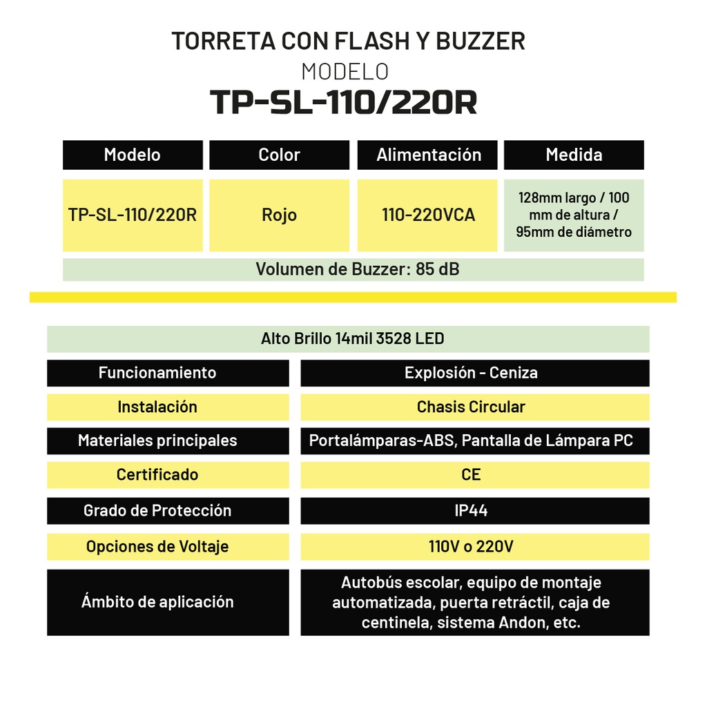TP-SL-110/220R — TORRETA CON BUZZER 110-220VCA ROJA 128X95mm