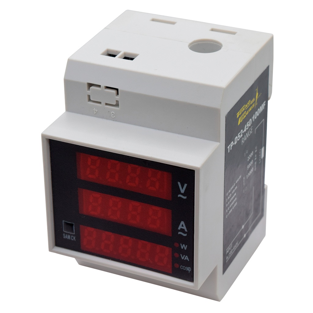 TP-D52-450/100MF — MEDIDOR DIGITAL VOLT/AMP, 0-450VCA/100A, HOROMETRO, MONTAJE EN RIEL DIN, W, KWH, TIMER, FACTOR DE POTENCIA, 30 KW, 99999KWH, FP 0-1, 999.59H