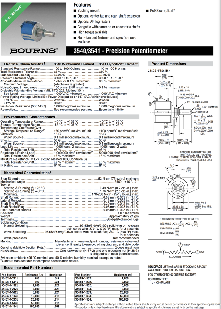 3540S-1-103 — POTENCIOMETRO 10KOHMS 2W 10 VUELTAS