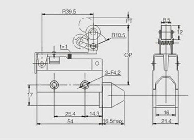 XZ7-144 — MICROSWITCH MINIATURA PALANCA CORTA Y, ROLDANA PLASTICA UNIDIRECCIONAL, 1NA+1NC, 10A 250V