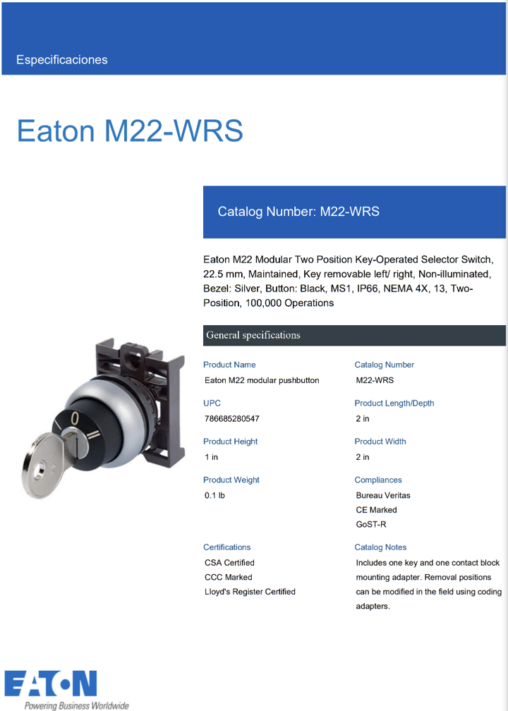 M22-WRS — SELECTOR CON LLAVE ENCLAVADO 2 POSICIONES
