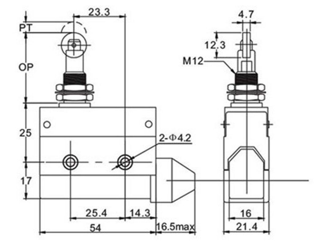 XZ7-312 — MICROSWITCH MINIATURA ROLDANA METALICA, TRANSVERSAL 1NA+1NC, 10A 250V
