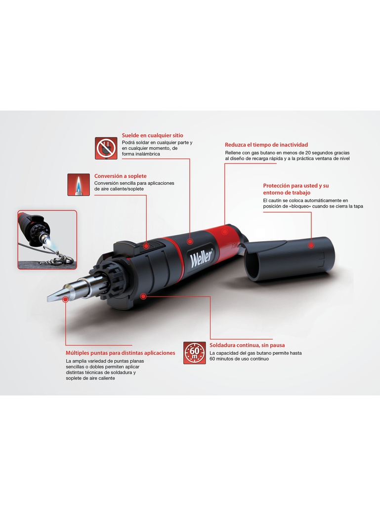 WLBUK75 — CAUTÍN INALÁMBRICO WELLER 25W-75W CON KIT DE HERRAMIENTAS, DE GAS BUTANO