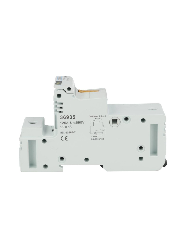 RT18-125A — PORTAFUSIBLE 125A /690V, PARA FUSIBLE 22X58mm, RIEL DIN (CON BLOQUEO DE SEGURIDAD) 