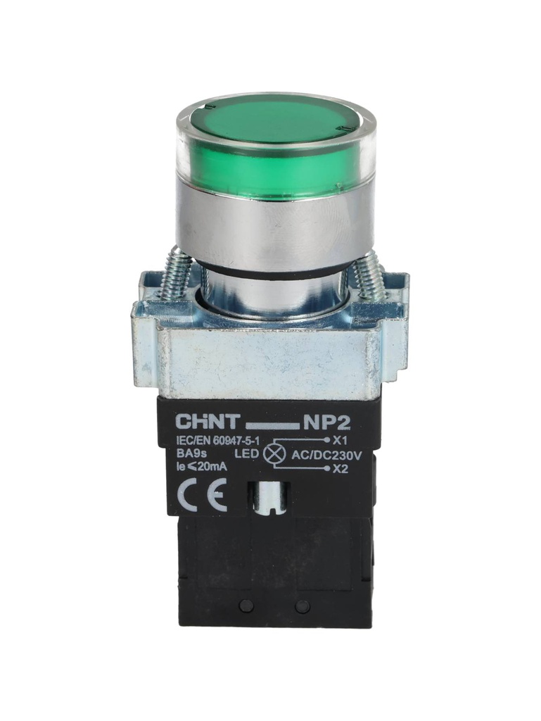 NP2-BW3462G — PULSADOR METALICO 2 TORNILLOS UL LED VERDE, NA 230V BASE METALICA ø22mm IP40 *NO SON A PRUEBA DE EXPLOSION*