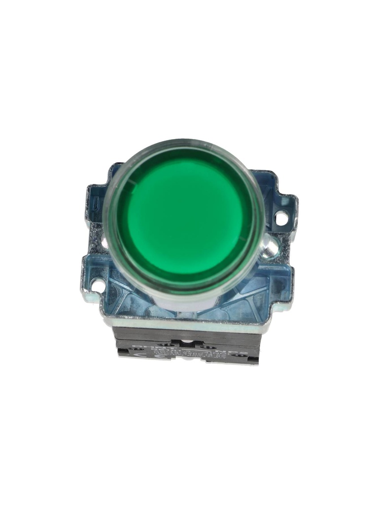 NP2-BW3462G — PULSADOR METALICO 2 TORNILLOS UL LED VERDE, NA 230V BASE METALICA ø22mm IP40 *NO SON A PRUEBA DE EXPLOSION*