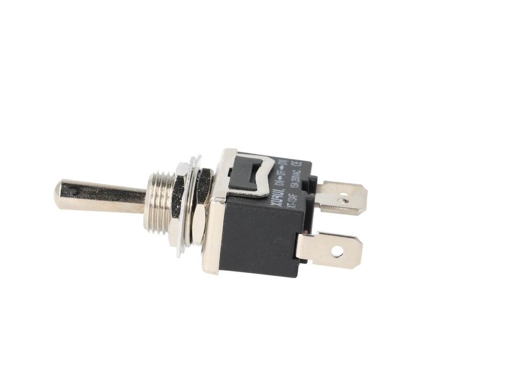 XT-13AF — INTERRUPTORES DE PALANCA 3 TERMINALES, Número de polos: 1  Posiciones: PULS-OFF-PULS  Capacidad: 20/15A  125/277VAC  2HP 125/277VAC 1.5HP   125/277VAC para un pulso momentaneo Terminales: 3 lenguetas de 6.3mm  Montaje: Diametro 12mm