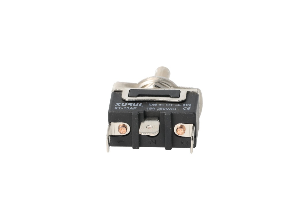 XT-13AF — INTERRUPTORES DE PALANCA 3 TERMINALES, Número de polos: 1  Posiciones: PULS-OFF-PULS  Capacidad: 20/15A  125/277VAC  2HP 125/277VAC 1.5HP   125/277VAC para un pulso momentaneo Terminales: 3 lenguetas de 6.3mm  Montaje: Diametro 12mm