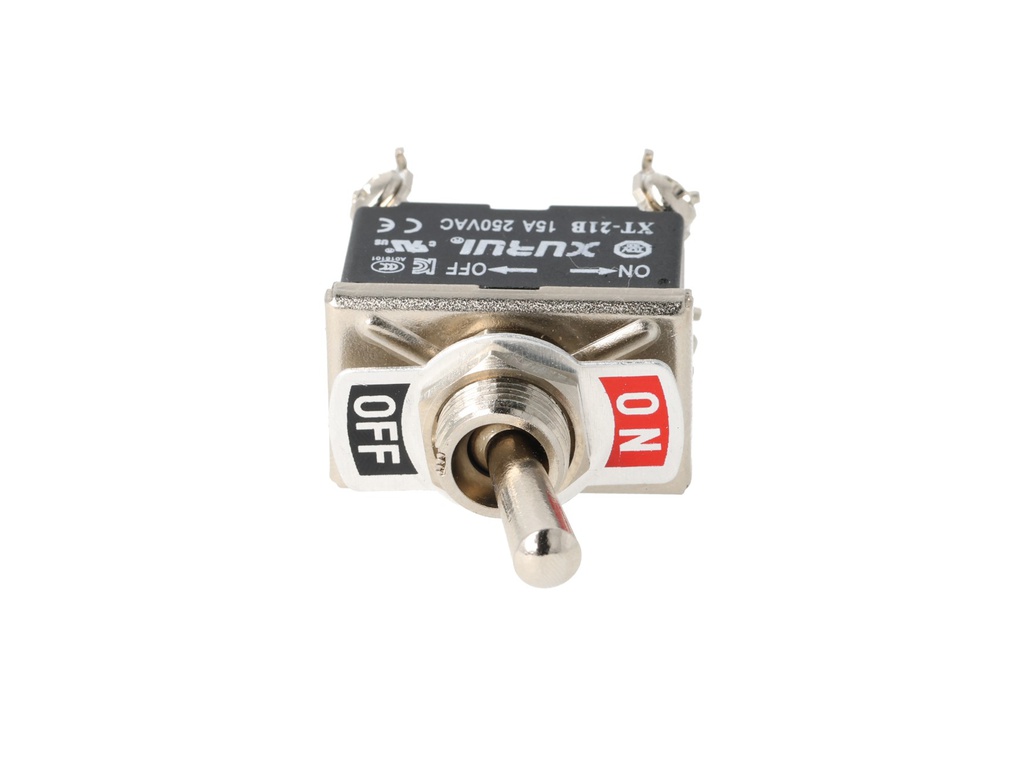 XT-21B — INTERRUPTORES DE PALANCA 4 TORNILLOS, Número de polos: 2  Posiciones: ON-OFF  Capacidad: 20/15A  125/277VAC 2HP 125/277VAC 1.5HP   125/277VAC para un pulso momentaneo Tornillos: 4  Montaje: Diametro 12mm  Certificados: UL1054