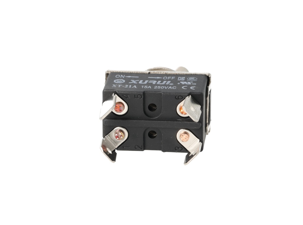 XT-21A — INTERRUPTORES DE PALANCA 4 TERMINALES, Número de polos: 2  Posiciones: ON-OFF  Capacidad: 20/15A  125/277VAC 2HP 125/277VAC 1.5HP   125/277VAC para un pulso momentaneo Terminales: 4 lenguetas de 6.3mm Montaje: Diametro 12mm Certificados: UL1054    E200089