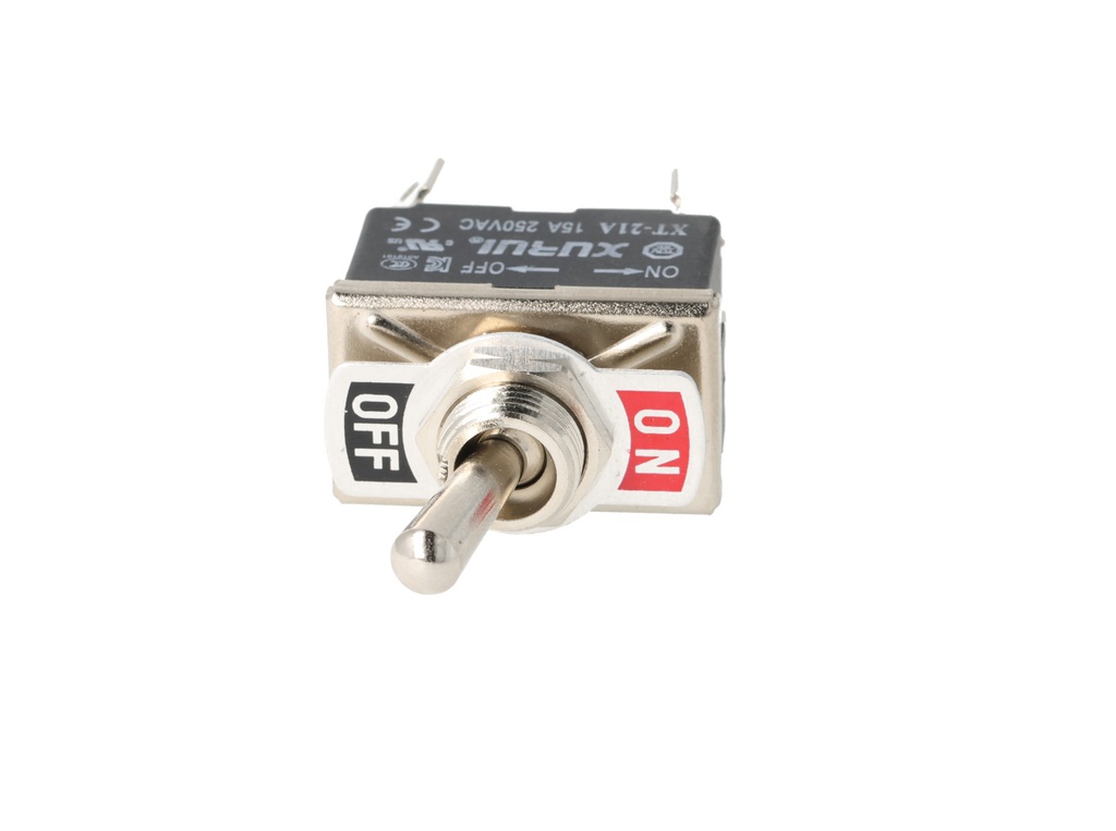 XT-21A — INTERRUPTORES DE PALANCA 4 TERMINALES, Número de polos: 2  Posiciones: ON-OFF  Capacidad: 20/15A  125/277VAC 2HP 125/277VAC 1.5HP   125/277VAC para un pulso momentaneo Terminales: 4 lenguetas de 6.3mm Montaje: Diametro 12mm Certificados: UL1054    E200089
