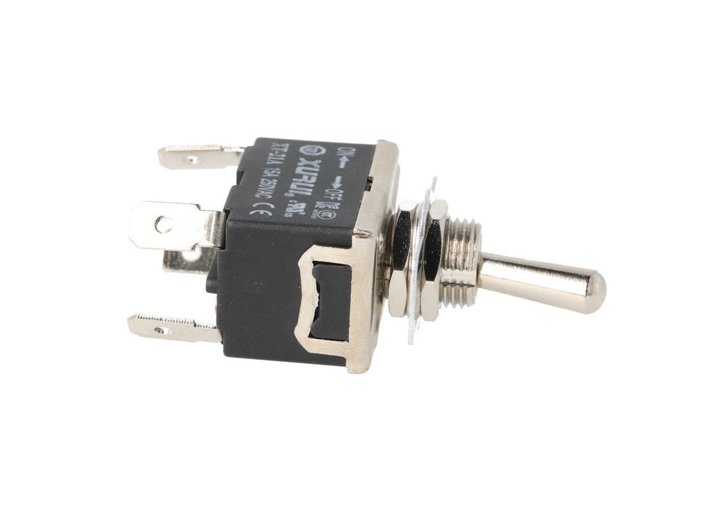 XT-21A — INTERRUPTORES DE PALANCA 4 TERMINALES, Número de polos: 2  Posiciones: ON-OFF  Capacidad: 20/15A  125/277VAC 2HP 125/277VAC 1.5HP   125/277VAC para un pulso momentaneo Terminales: 4 lenguetas de 6.3mm Montaje: Diametro 12mm Certificados: UL1054    E200089